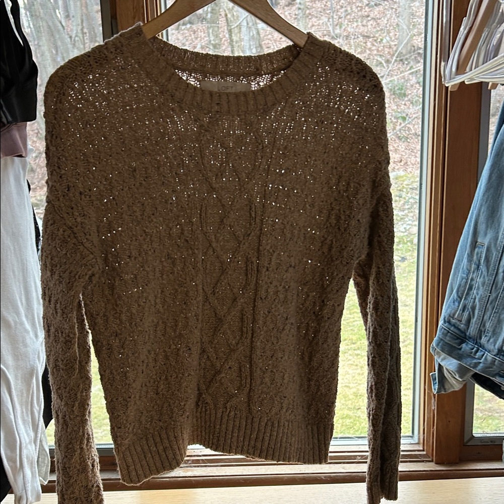 LOFT Taupe Cable-Knit Scoopneck Sweater